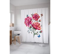 Штора (занавеска) для ванной JoyArty "Бабочки над пионами" из сатена, 180х200 см с крючками, sc_62398