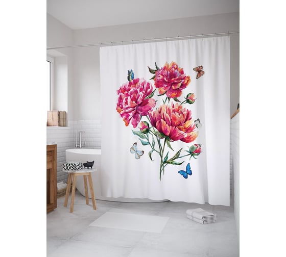 Штора (занавеска) для ванной JoyArty "Бабочки над пионами" из сатена, 180х200 см с крючками, sc_62398 1