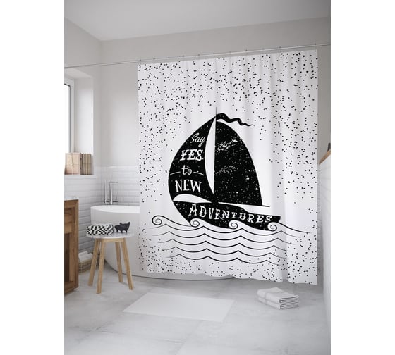 Штора (занавеска) для ванной JoyArty "Скажи да новым приключениям" из сатена, 180х200 см с крючками, sc_61627 1