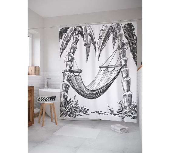 Штора (занавеска) для ванной JoyArty "Гамак на тропическом пляже" из сатена, 180х200 см с крючками, sc_63724