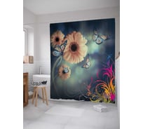 Штора (занавеска) для ванной JoyArty "Цветы с бабочками" из сатена, 180х200 см с крючками, sc_7570