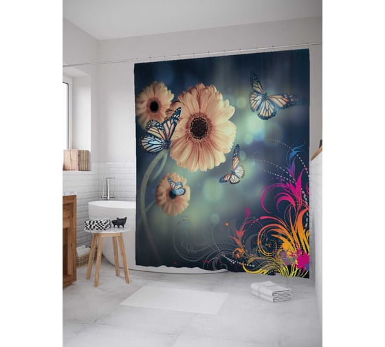 Штора (занавеска) для ванной JoyArty "Цветы с бабочками" из сатена, 180х200 см с крючками, sc_7570 1