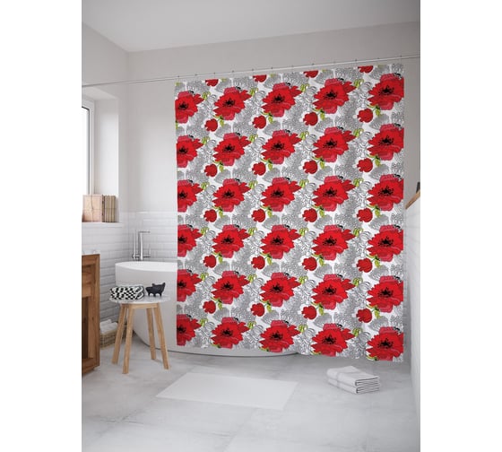 Штора (занавеска) для ванной JoyArty "Яркие маки" из сатена, 180х200 см с крючками, sc_54482 1
