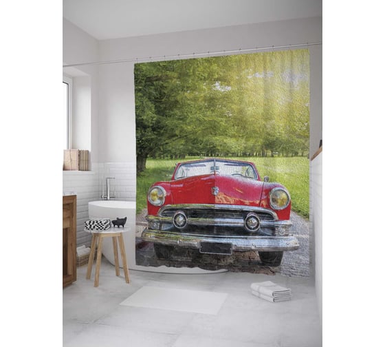 Штора (занавеска) для ванной JoyArty "Яркий кабриолет" из сатена, 180х200 см с крючками, sc_8177 1