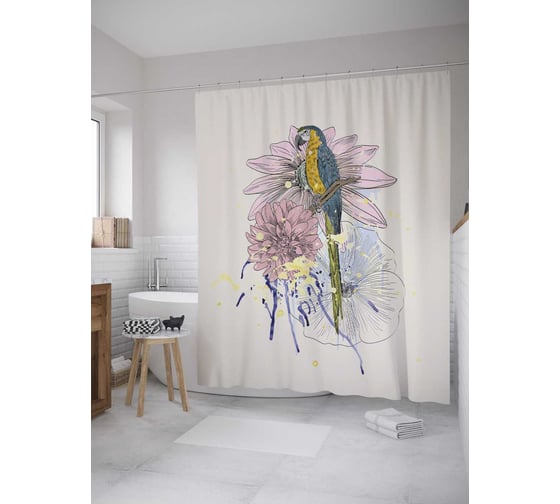 Штора (занавеска) для ванной JoyArty "Попугай в цветах" из сатена, 180х200 см sc_378505 1