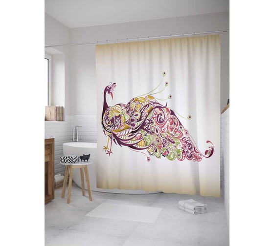 Штора (занавеска) для ванной JoyArty "Удивление павлина" из сатена, 180х200 см с крючками, sc_9035 1
