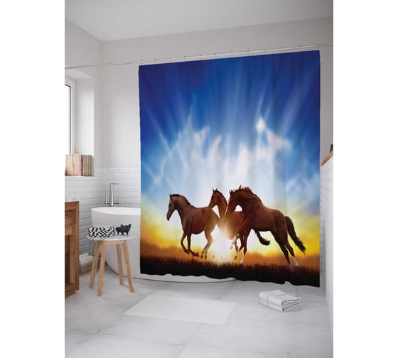 Штора (занавеска) для ванной JoyArty "Лошадиные игры" из сатена, 180х200 см с крючками, sc_7141 1