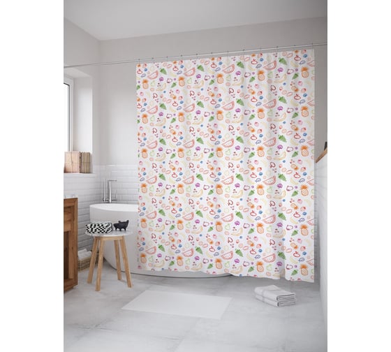 Штора (занавеска) для ванной JoyArty "Абрис фруктов" из сатена, 180х200 см с крючками, sc_62307 1