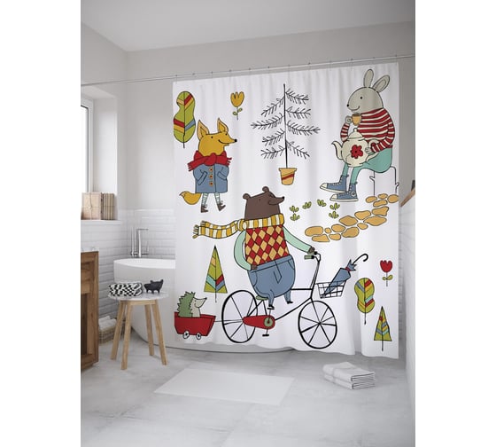 Штора (занавеска) для ванной JoyArty "В гости на велосипеде" из сатена, 180х200 см с крючками, sc_61452 1