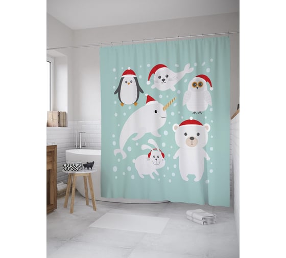 Штора (занавеска) для ванной JoyArty "От нарвала до медведя в колпаках" из сатена, 180х200 см с крючками, sc_55194 1