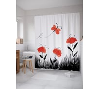 Штора (занавеска) для ванной JoyArty "Мотылек над маками" из сатена, 180х200 см с крючками, sc_53358