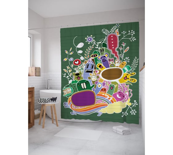 Штора (занавеска) для ванной JoyArty "Компания инопланетян" из сатена, 180х200 см с крючками, sc_62453 1