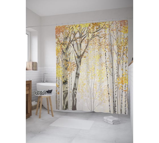 Штора (занавеска) для ванной JoyArty "Березы в осеннем лесу" из сатена, 180х200 см с крючками, sc_60566 1