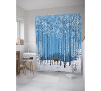 Штора (занавеска) для ванной JoyArty "Снегири на березе" из сатена, 180х200 см с крючками, sc_60561