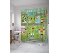 Штора (занавеска) для ванной JoyArty "Детская трамвайная дорога" из сатена, 180х200 см с крючками, sc_55283