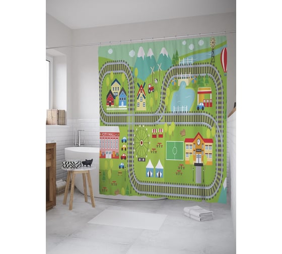Штора (занавеска) для ванной JoyArty "Детская трамвайная дорога" из сатена, 180х200 см с крючками, sc_55283 1
