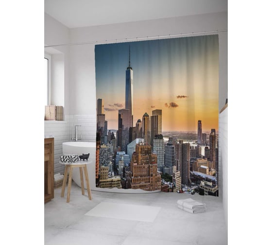 Штора (занавеска) для ванной JoyArty "Городские полеты" из сатена, 180х200 см с крючками, sc_8102