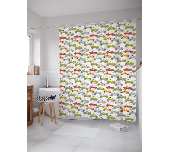 Штора (занавеска) для ванной JoyArty "Первый гоночный старт" из сатена, 180х200 см с крючками, sc_53484 1