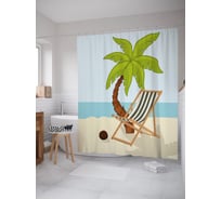 Штора (занавеска) для ванной JoyArty "Шезлонг под пальмой на пляже" из сатена, 180х200 см с крючками, sc_53171