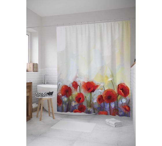Штора (занавеска) для ванной JoyArty "Солнечный мак" из сатена, 180х200 см с крючками, sc_9136 1