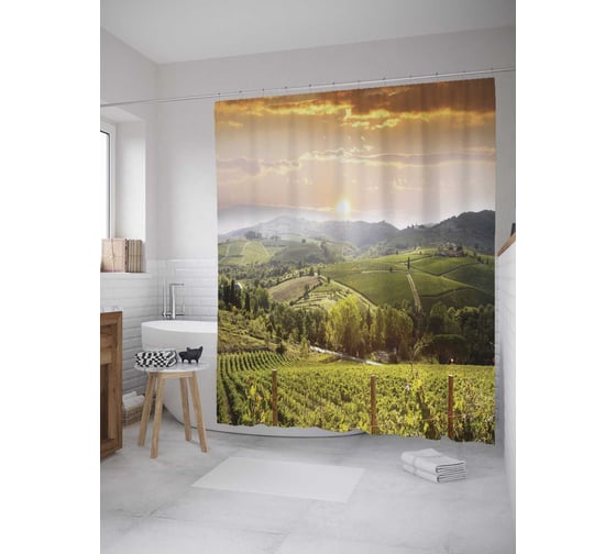 Штора (занавеска) для ванной JoyArty "Утренние виноградники" из сатена, 180х200 см с крючками, sc_8872 1