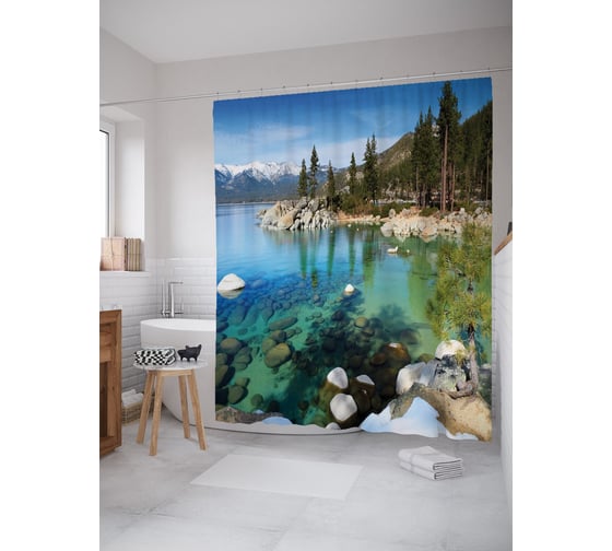 Штора (занавеска) для ванной JoyArty "Каменный берег озера" из сатена, 180х200 см с крючками, sc_53677 1