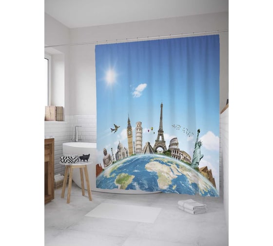 Штора (занавеска) для ванной JoyArty "Мир впечатлений" из сатена, 180х200 см с крючками, sc_9050