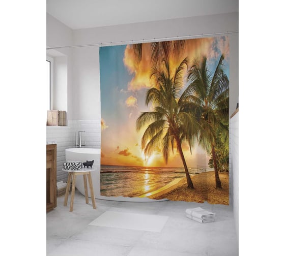 Штора (занавеска) для ванной JoyArty "Пальмовая дружба" из сатена, 180х200 см с крючками, sc_8256 1