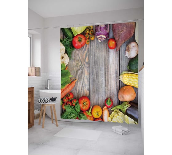 Штора (занавеска) для ванной JoyArty "Овощное ассорти" из сатена, 180х200 см с крючками, sc_9980 1