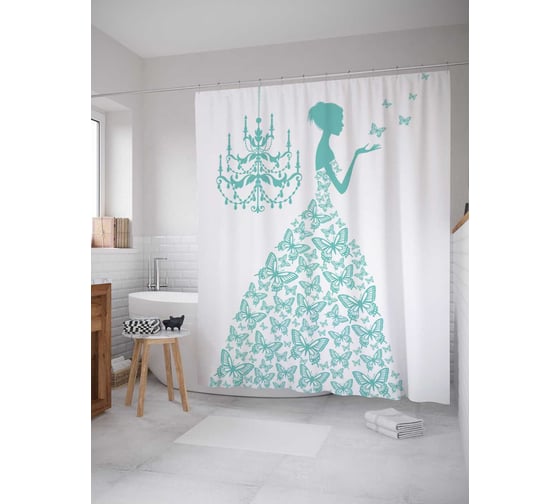 Штора (занавеска) для ванной JoyArty "Платье с зелеными бабочками" из сатена, 180х200 см с крючками, sc_8408 1