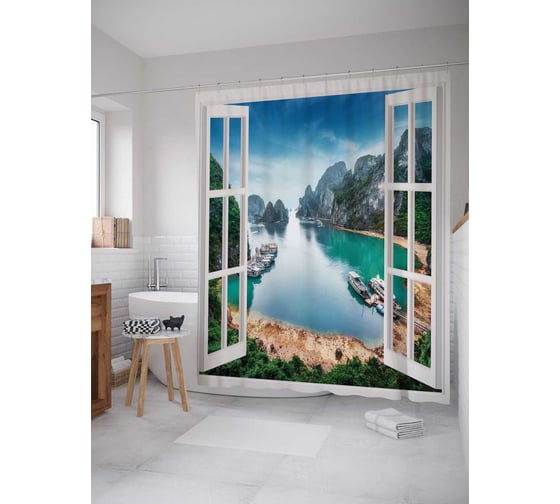 Штора (занавеска) для ванной JoyArty "Окно на берегу" из сатена, 180х200 см с крючками, sc_7787 1
