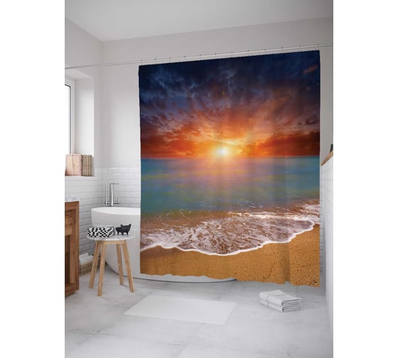 Штора (занавеска) для ванной JoyArty "Пламенный морской закат" из сатена, 180х200 см с крючками, sc_6996