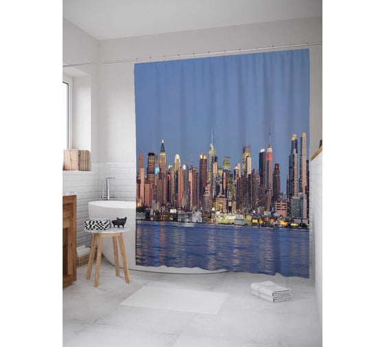 Штора (занавеска) для ванной JoyArty "Остров небоскребов" из сатена, 180х200 см с крючками, sc_8308 1