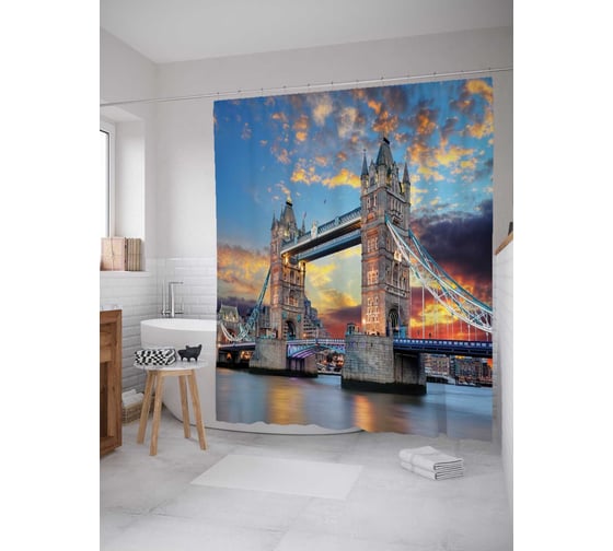 Штора (занавеска) для ванной JoyArty "Мост через темзу" из сатена, 180х200 см с крючками, sc_9415