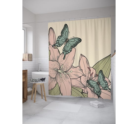 Штора (занавеска) для ванной JoyArty "Бабочки на цветах" из сатена, 180х200 см с крючками, sc_60860 1