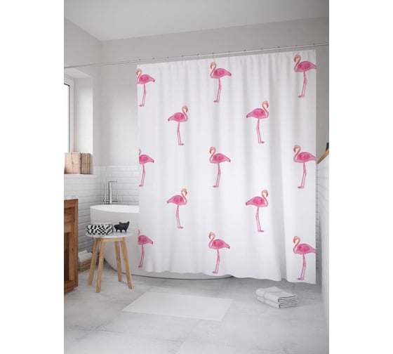 Штора (занавеска) для ванной JoyArty "Фламинго в радости" из сатена, 180х200 см с крючками, sc_9437 1