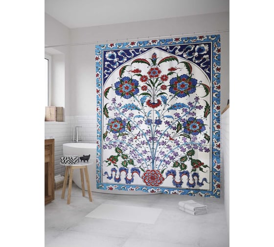 Штора (занавеска) для ванной JoyArty "Волнистый цветочник" из сатена, 180х200 см с крючками, sc_8351