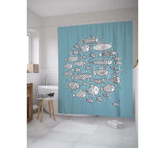 Штора (занавеска) для ванной JoyArty "Круговая стайка рыб" из сатена, 180х200 см с крючками, sc_61341 1