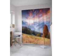 Штора (занавеска) для ванной JoyArty "Рассвет в горах" из сатена, 180х200 см с крючками, sc_60544