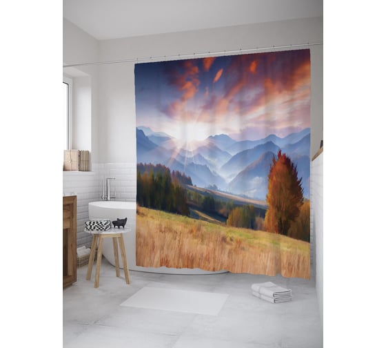 Штора (занавеска) для ванной JoyArty "Рассвет в горах" из сатена, 180х200 см с крючками, sc_60544 1
