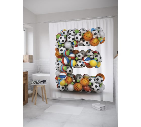 Штора (занавеска) для ванной JoyArty "Буква E из мячей" из сатена, 180х200 см с крючками, sc_59566 1
