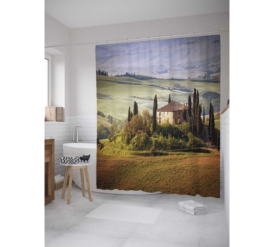 Штора (занавеска) для ванной JoyArty "Дом на холмистом поле" из сатена, 180х200 см с крючками, sc_9220 1
