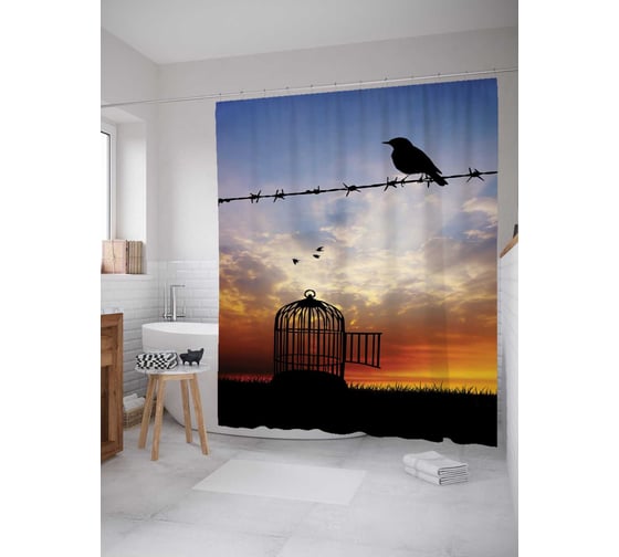 Штора (занавеска) для ванной JoyArty "Освобожденная птица" из сатена, 180х200 см с крючками, sc_9998 1
