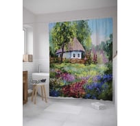 Штора (занавеска) для ванной JoyArty "Цветочная деревня" из сатена, 180х200 см с крючками, sc_9277