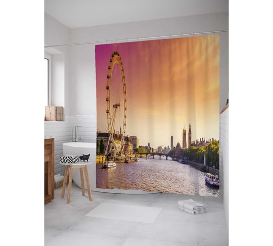 Штора (занавеска) для ванной JoyArty "Колесо обозрения в лондоне" из сатена, 180х200 см с крючками, sc_9419 1