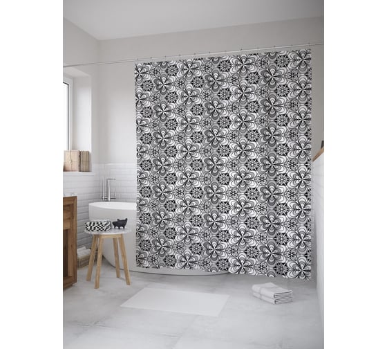 Штора (занавеска) для ванной JoyArty "Зентангл цветочных зарисовок" из сатена, 180х200 см с крючками, sc_60849