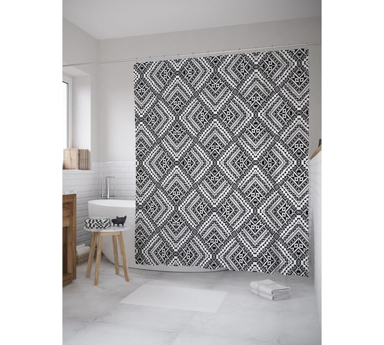 Штора (занавеска) для ванной JoyArty "Этнические ромбы" из сатена, 180х200 см с крючками, sc_52498