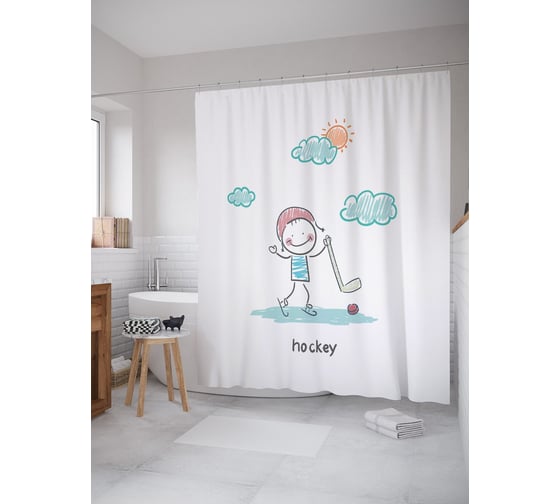 Штора (занавеска) для ванной JoyArty "Детский рисунок хоккеиста" из сатена, 180х200 см с крючками, sc_54234 1