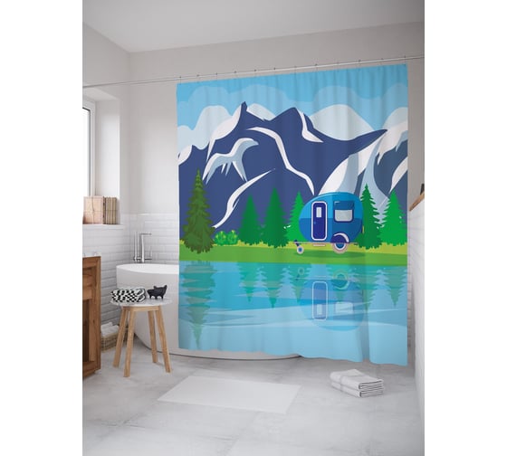Штора (занавеска) для ванной JoyArty "Домик в прицепе" из сатена, 180х200 см с крючками, sc_62800 1