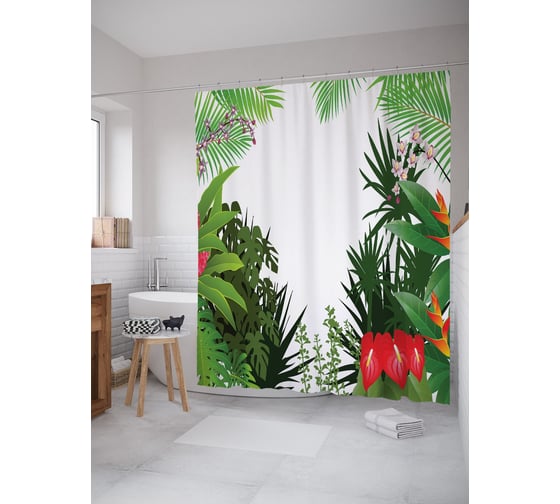 Штора (занавеска) для ванной JoyArty "Тропические цветы" из сатена, 180х200 см с крючками, sc_63190 1